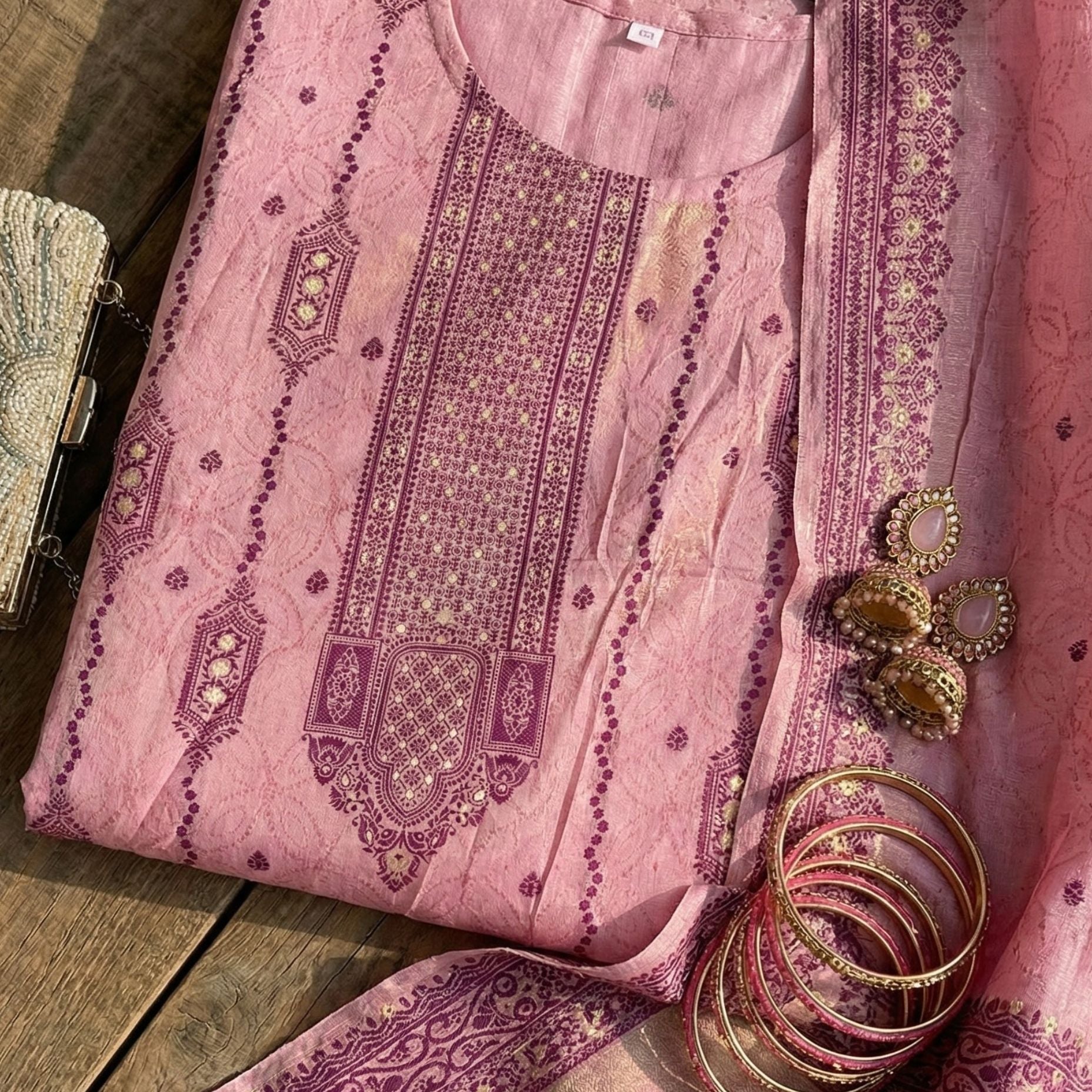 Blush Rose and Plum Cotton Jacquard Zari Unstitched Suit Set HeritageBloom