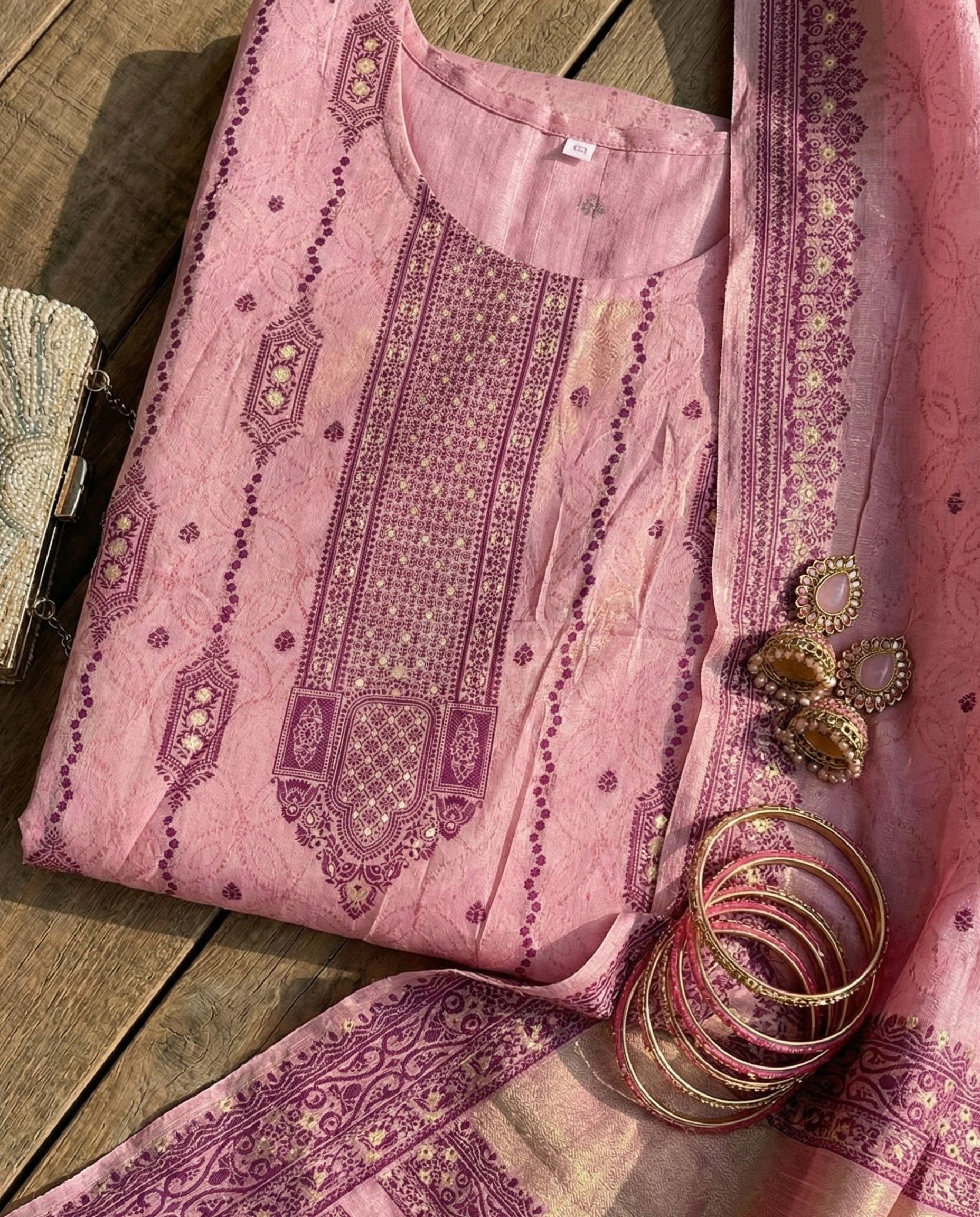 Blush Rose and Plum Cotton Jacquard Zari Unstitched Suit Set HeritageBloom