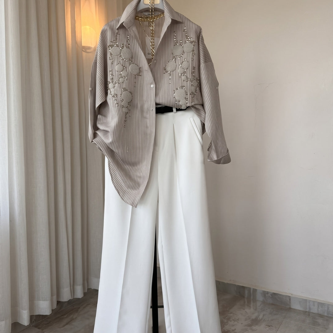 Amaira - Grey Embellished Striped Shirt Wide Leg Co-Ord