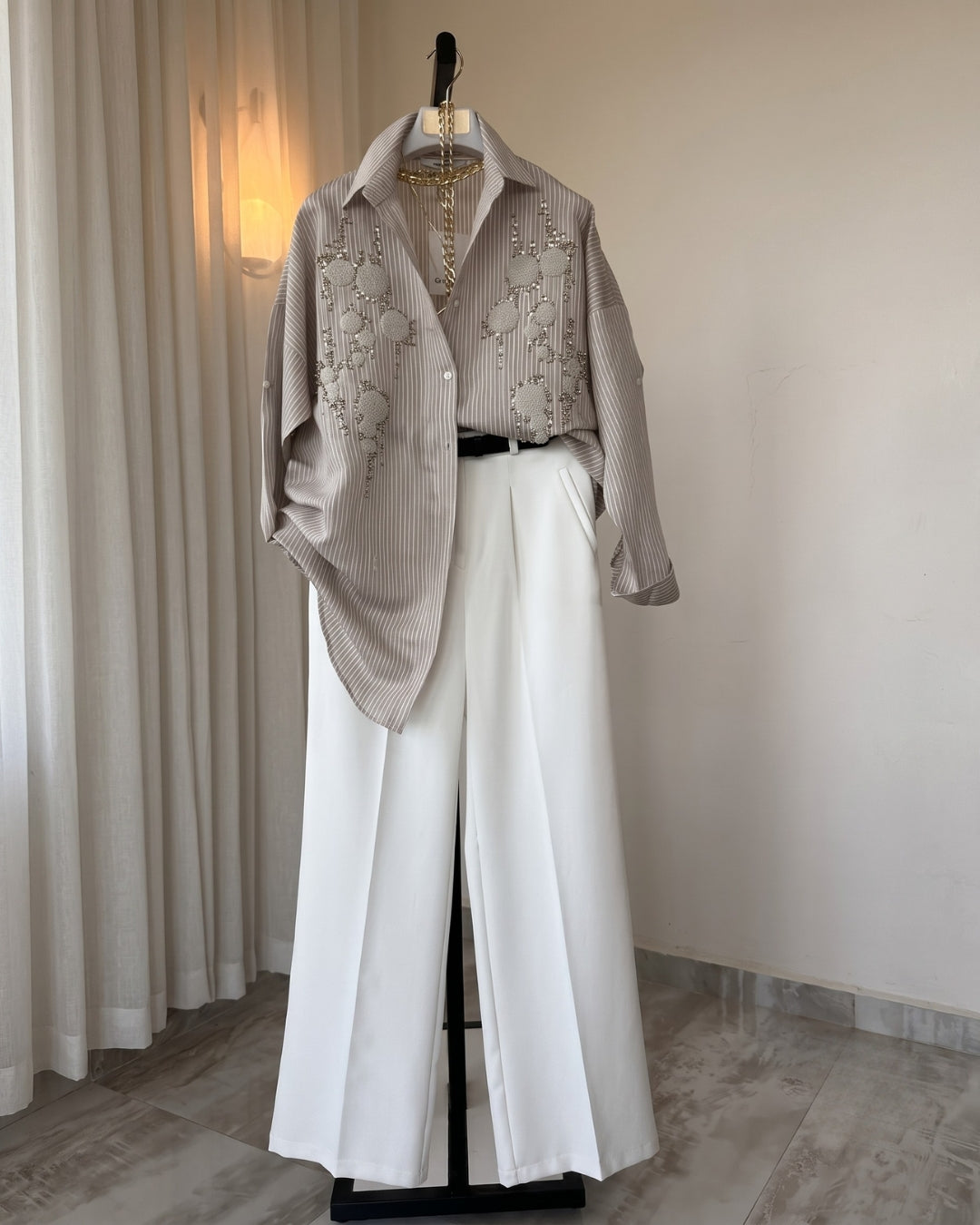 Amaira - Grey Embellished Striped Shirt Wide Leg Co-Ord
