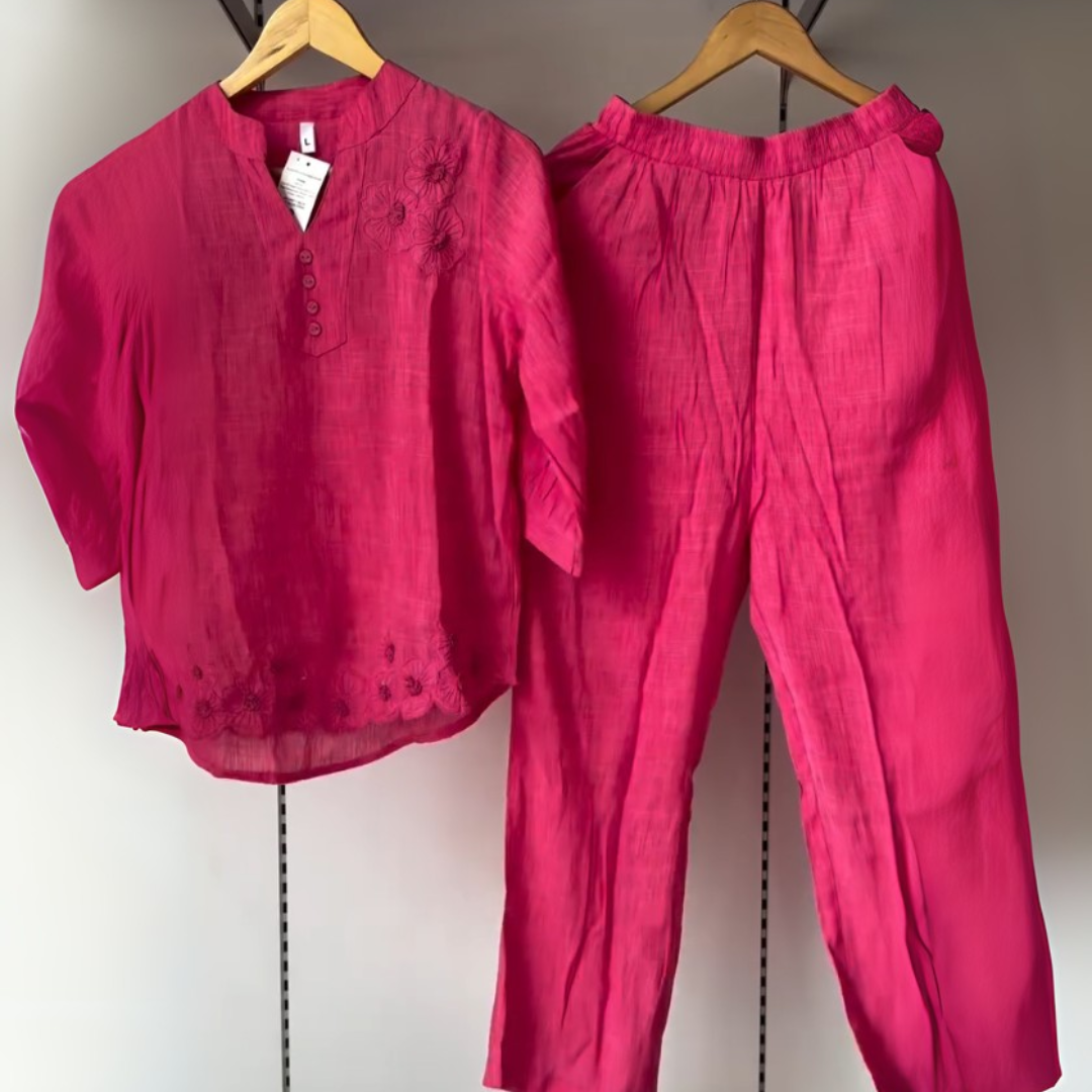 Flora Rani Pink Set – Embroidered Cotton Co-ord