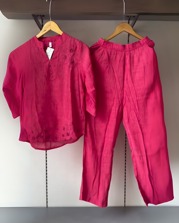 Flora Rani Pink Set – Embroidered Cotton Co-ord