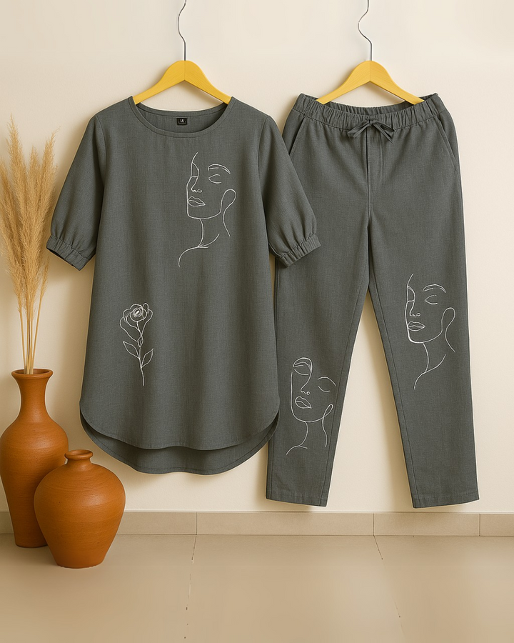 Face Floral - Grey Cotton Slub Co-ord Set
