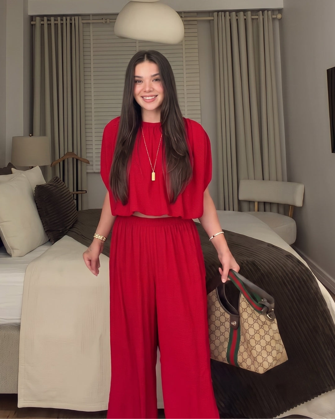 Elina - Red Modern Minimalist Pleated Co-Ord Set