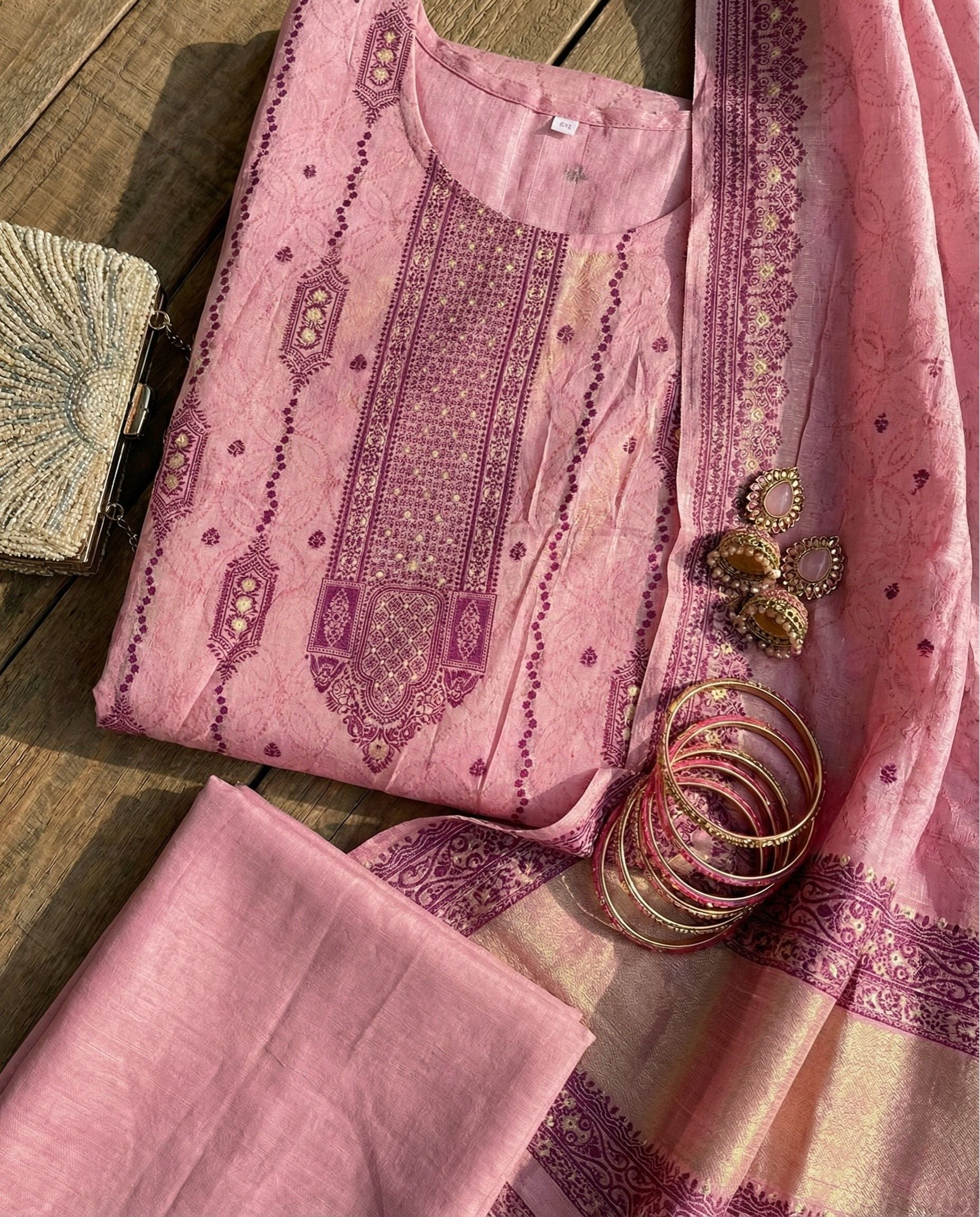 Blush Rose and Plum Cotton Jacquard Zari Unstitched Suit Set HeritageBloom