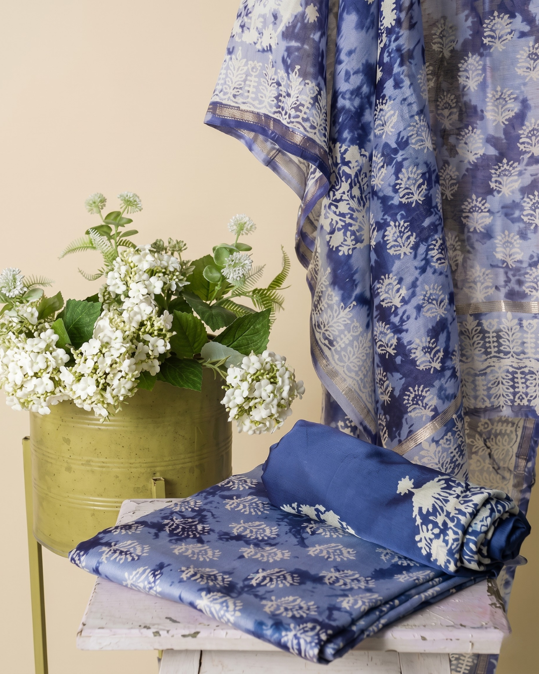 Kiona - Dark Blue Azure Floral Printed Unstitched Suit Set