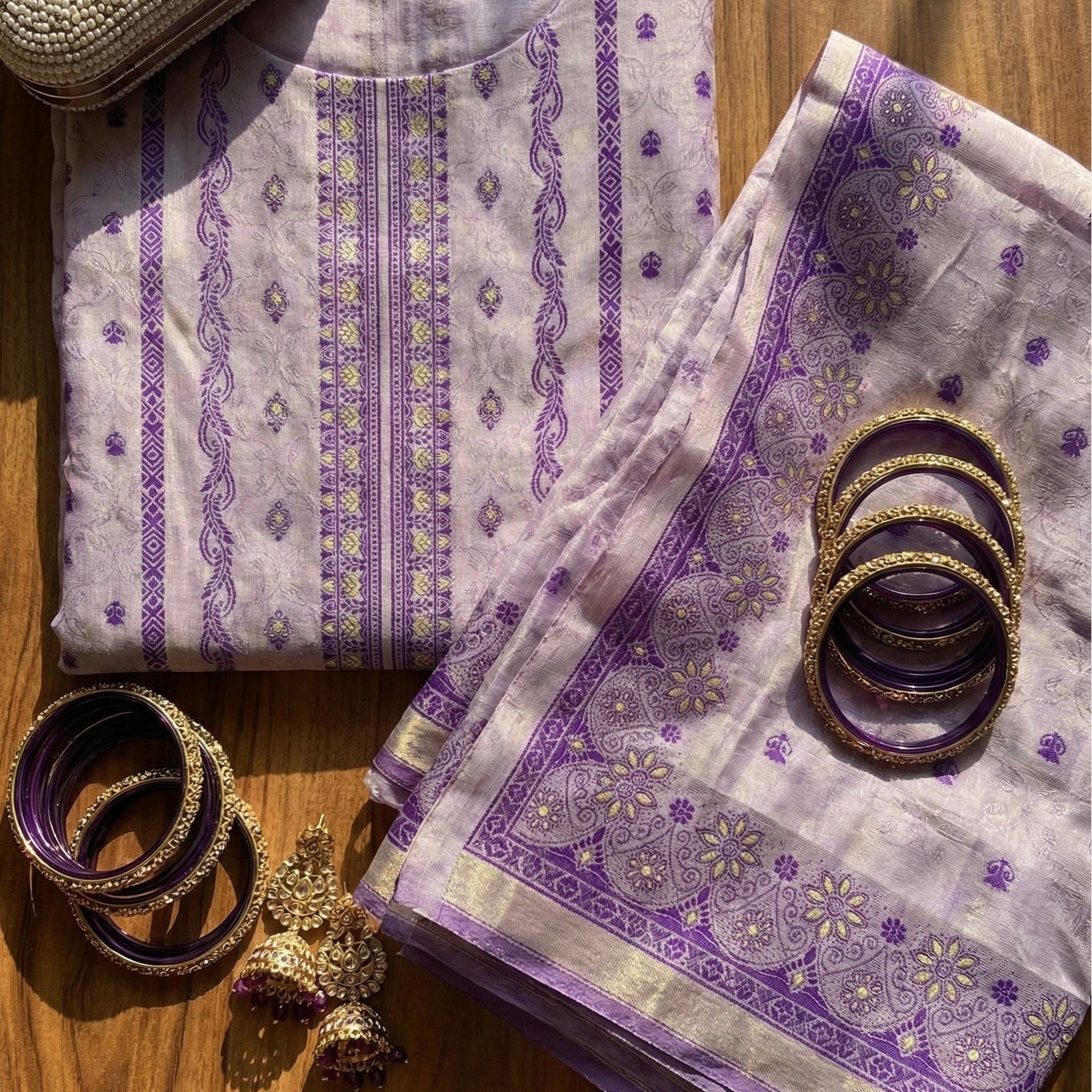 Soft Lilac Jacquard Zari Unstitched Suit Set with Woven Traditional Motifs