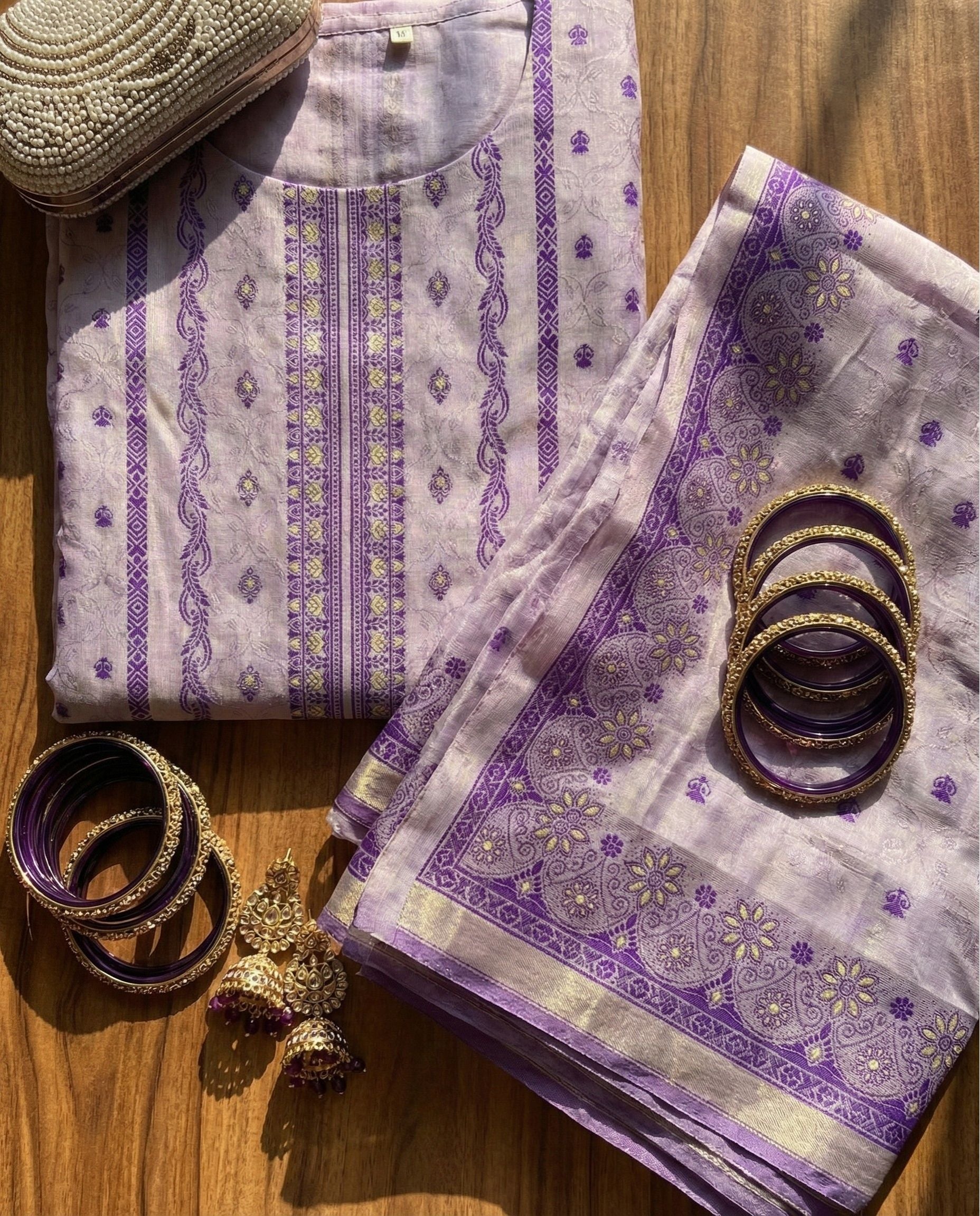 Soft Lilac Jacquard Zari Unstitched Suit Set with Woven Traditional Motifs