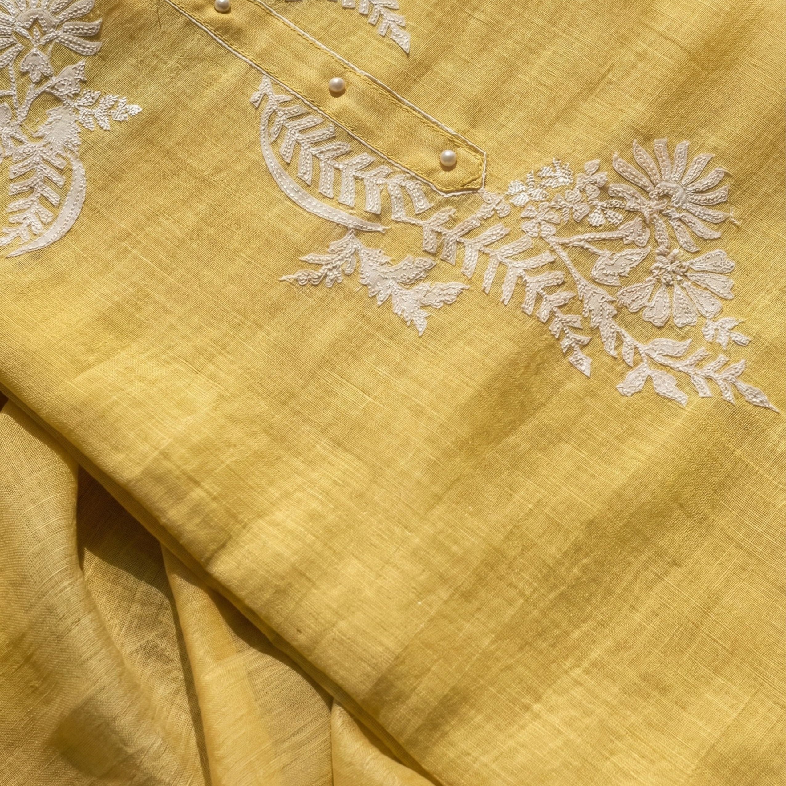 Reeva - Pure Mul Cotton Mustard Yellow Embroidered Unstitched Suit Set