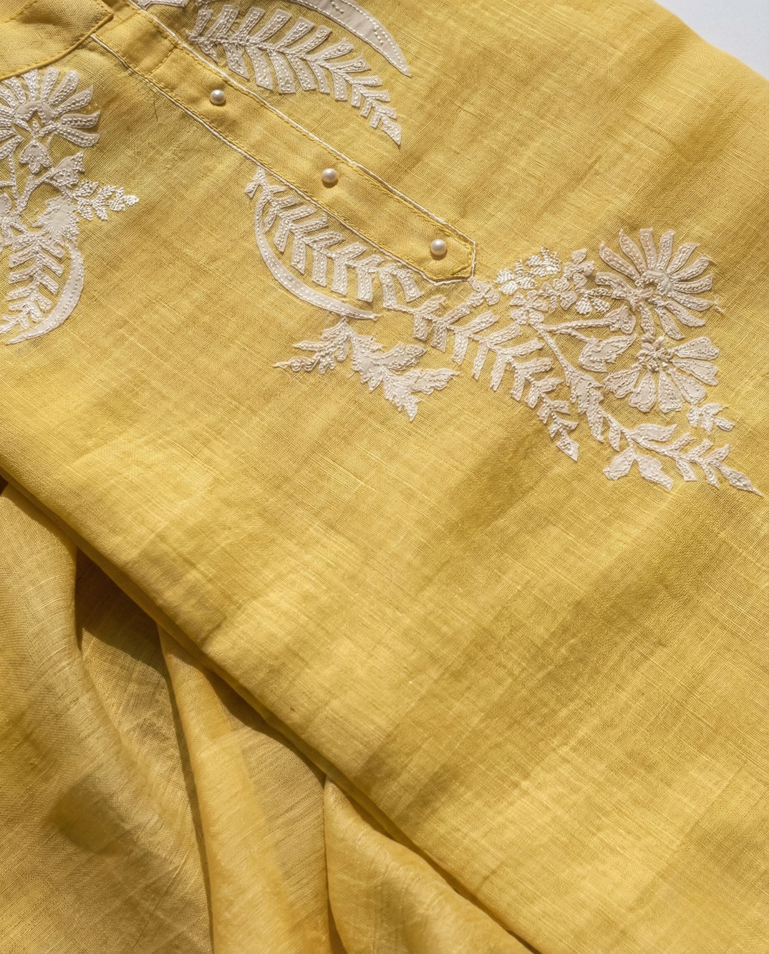 Reeva - Pure Mul Cotton Mustard Yellow Embroidered Unstitched Suit Set