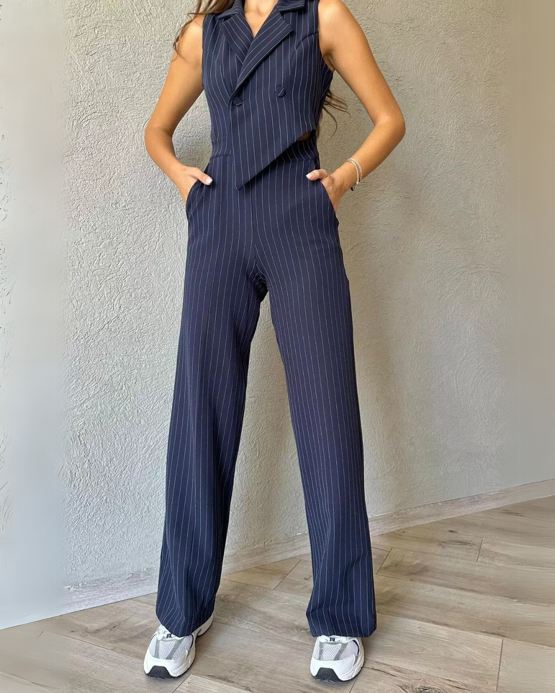 Aarna Navy Pinstripe Co-ord Set | Sleeveless Blazer & Pants for Women