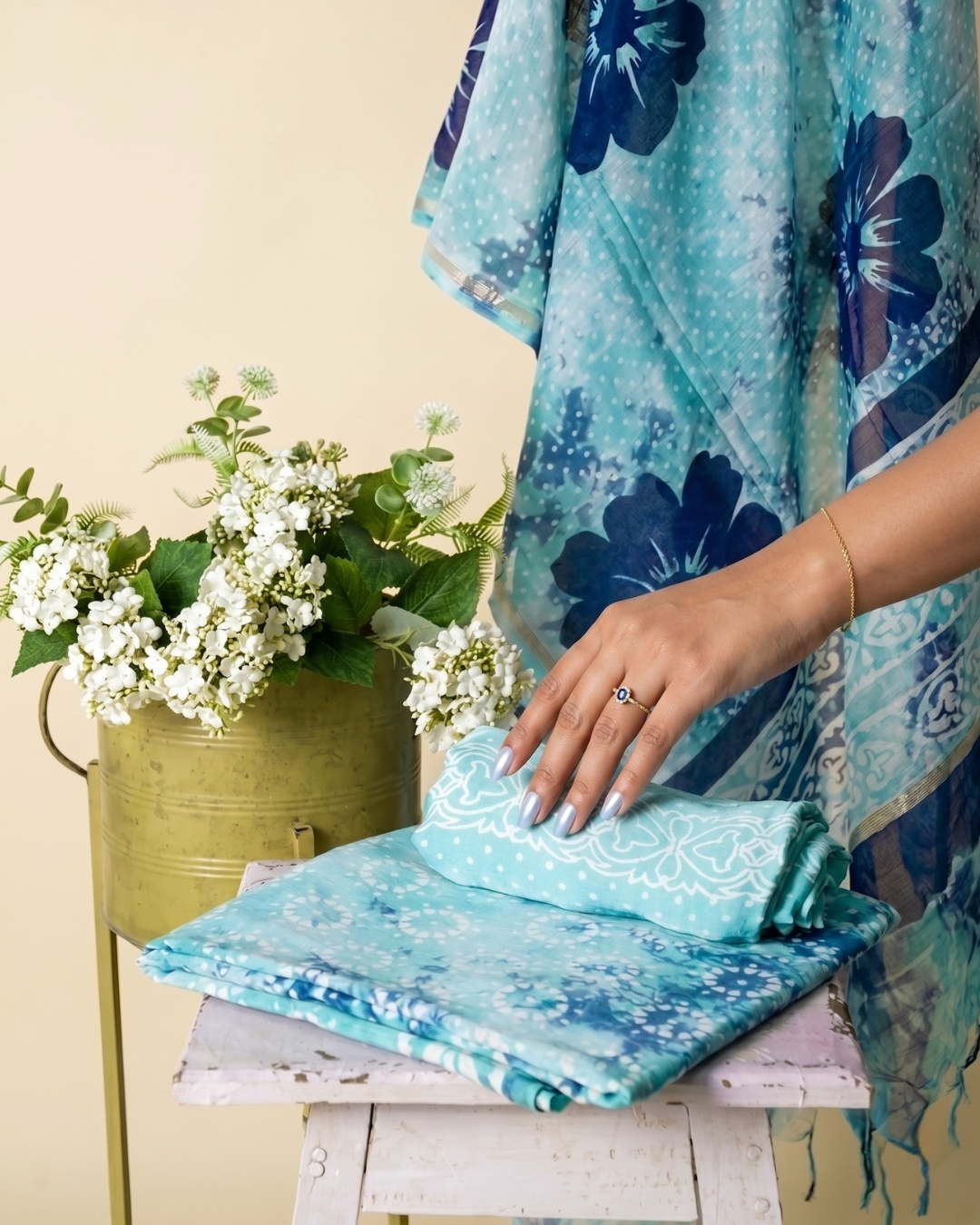 Kiona - Aqua Blue Floral Printed Unstitched Suit Set