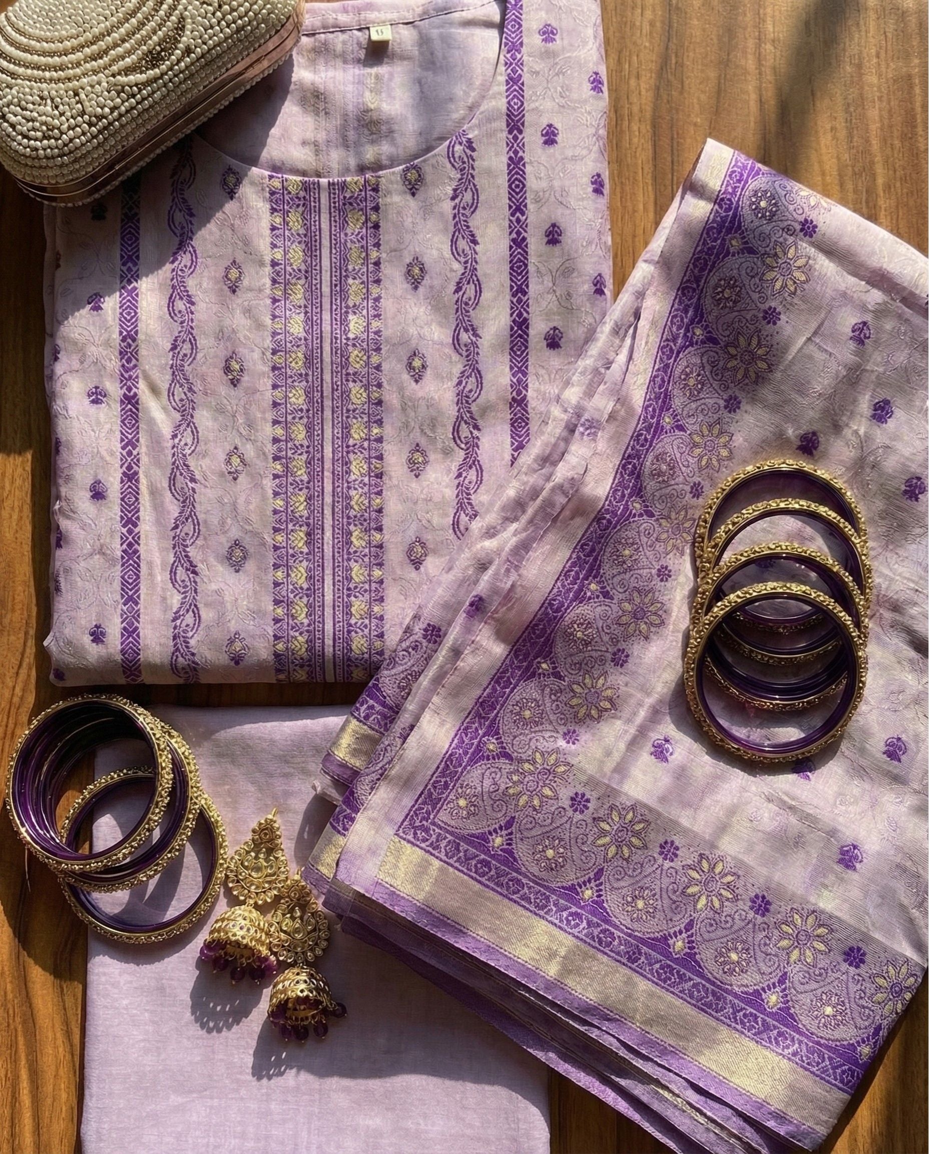 Soft Lilac Jacquard Zari Unstitched Suit Set with Woven Traditional Motifs