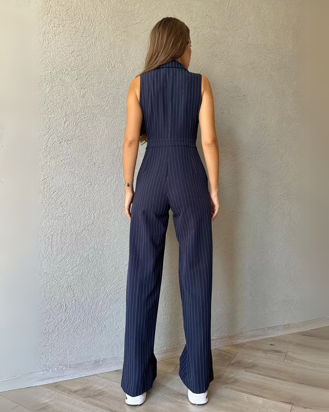 Aarna Navy Pinstripe Co-ord Set | Sleeveless Blazer & Pants for Women