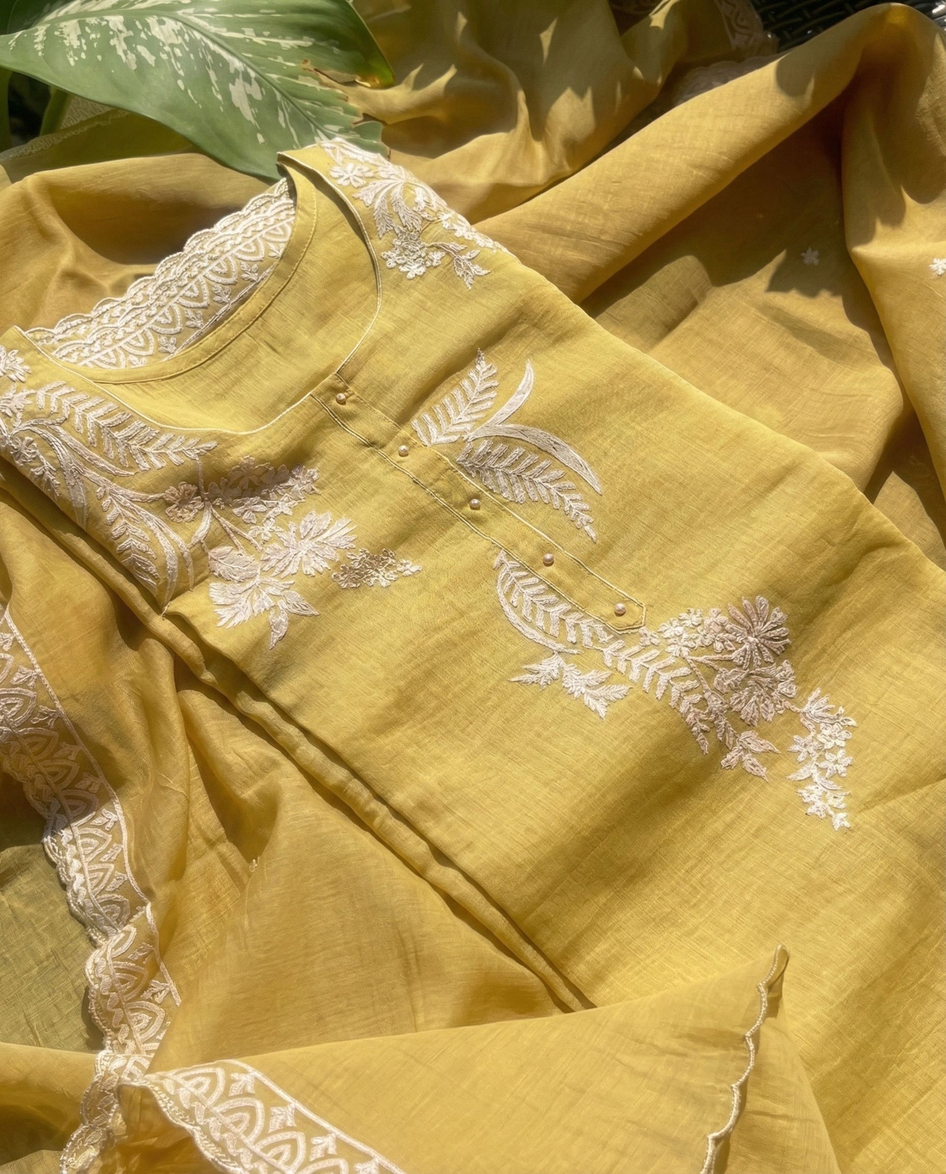 Reeva - Pure Mul Cotton Mustard Yellow Embroidered Unstitched Suit Set