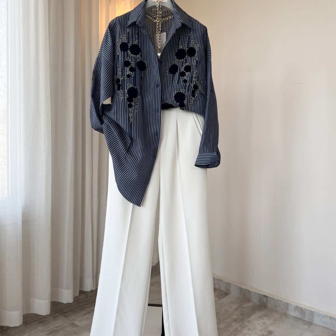 Amaira - Navy Blue Embellished Striped Shirt Wide Leg Co-Ord