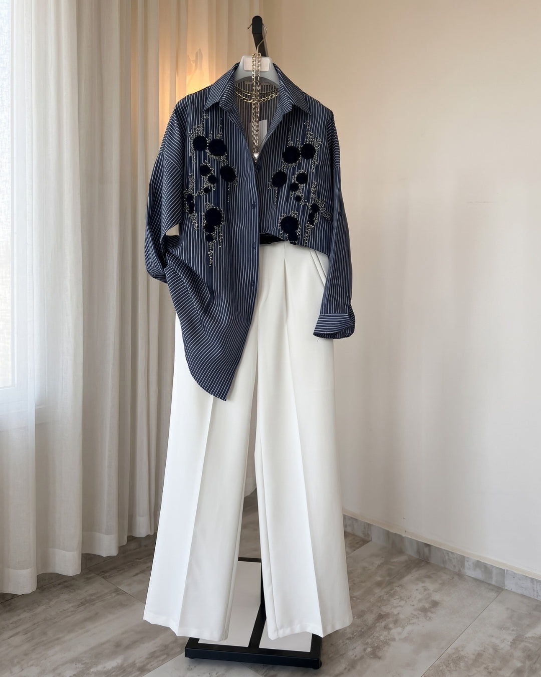 Amaira - Navy Blue Embellished Striped Shirt Wide Leg Co-Ord