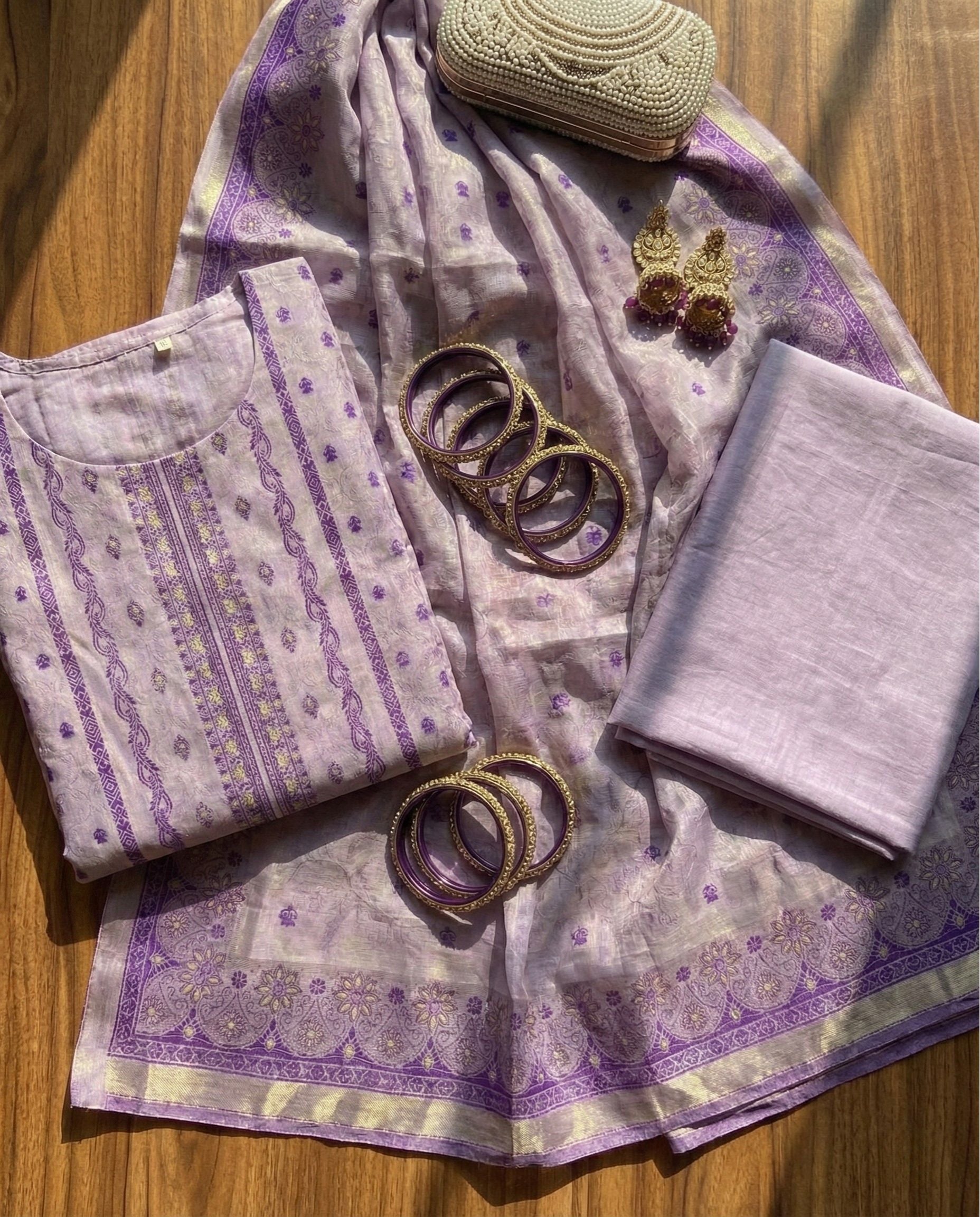 Soft Lilac Jacquard Zari Unstitched Suit Set with Woven Traditional Motifs