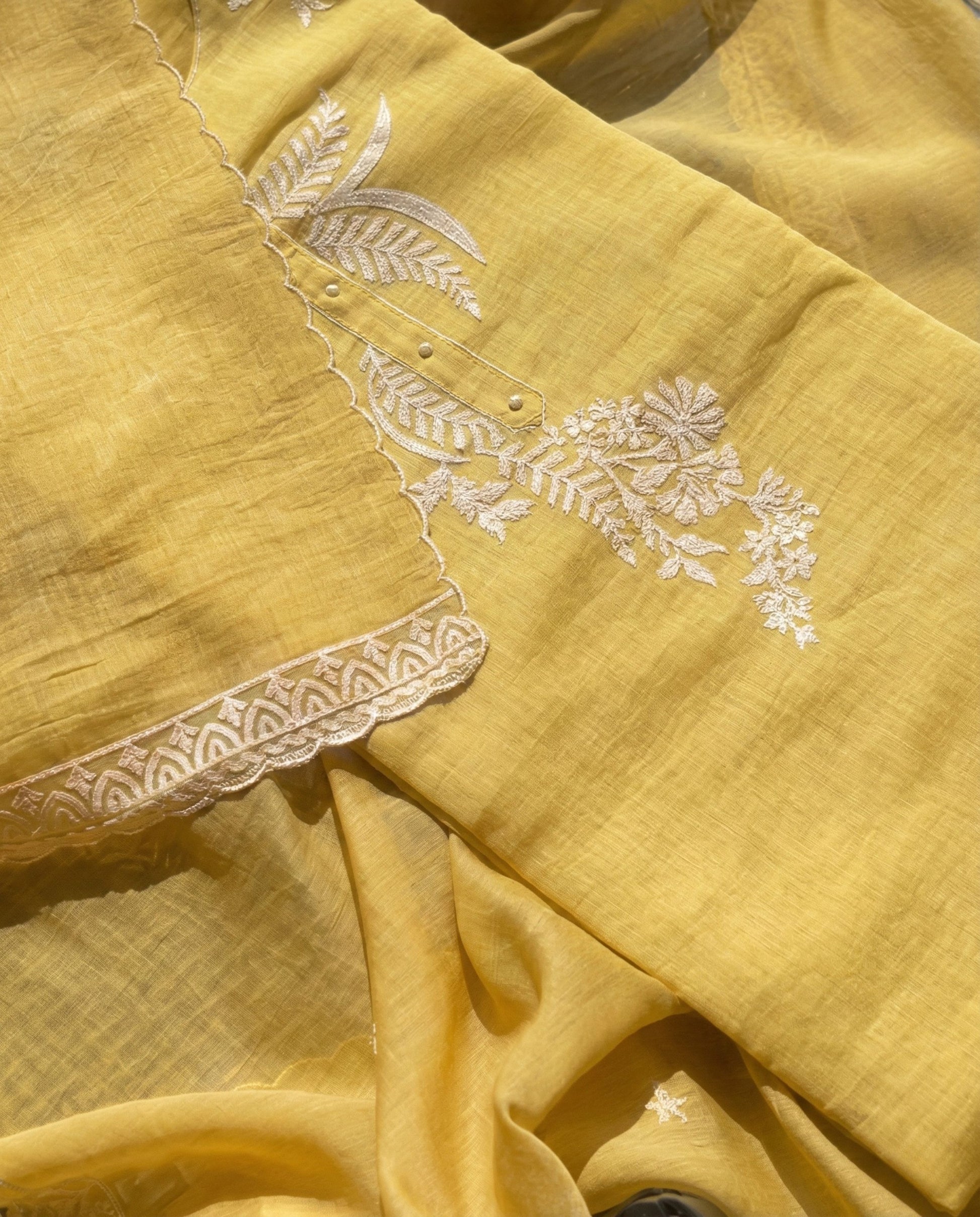 Reeva - Pure Mul Cotton Mustard Yellow Embroidered Unstitched Suit Set