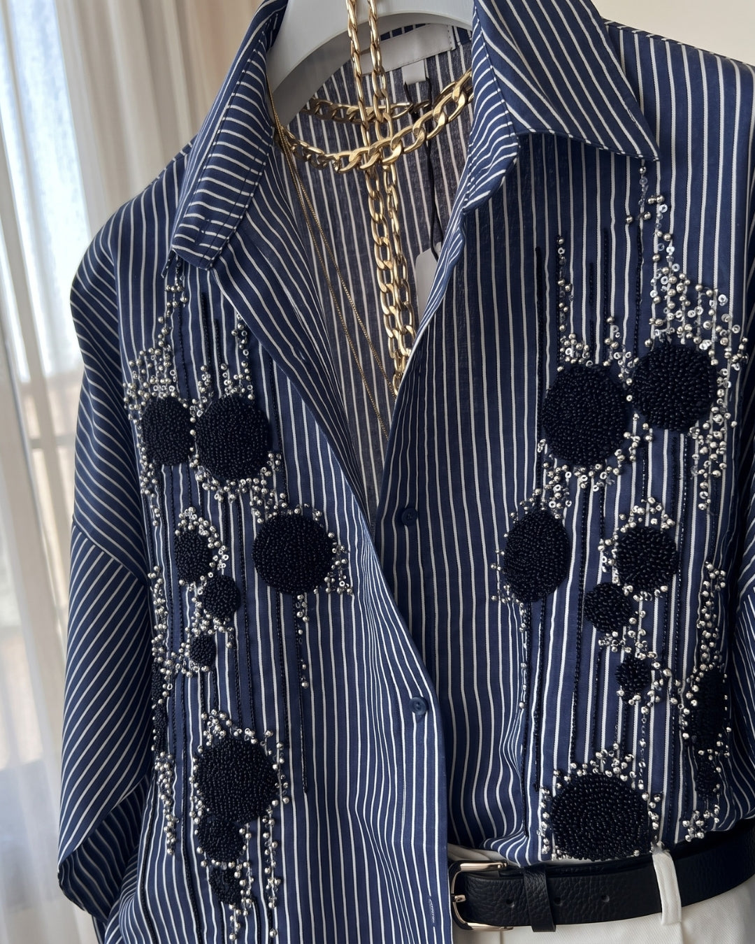Amaira - Navy Blue Embellished Striped Shirt Wide Leg Co-Ord