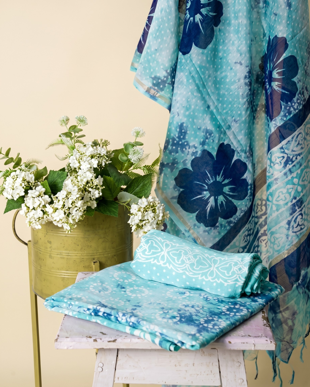 Kiona - Aqua Blue Floral Printed Unstitched Suit Set