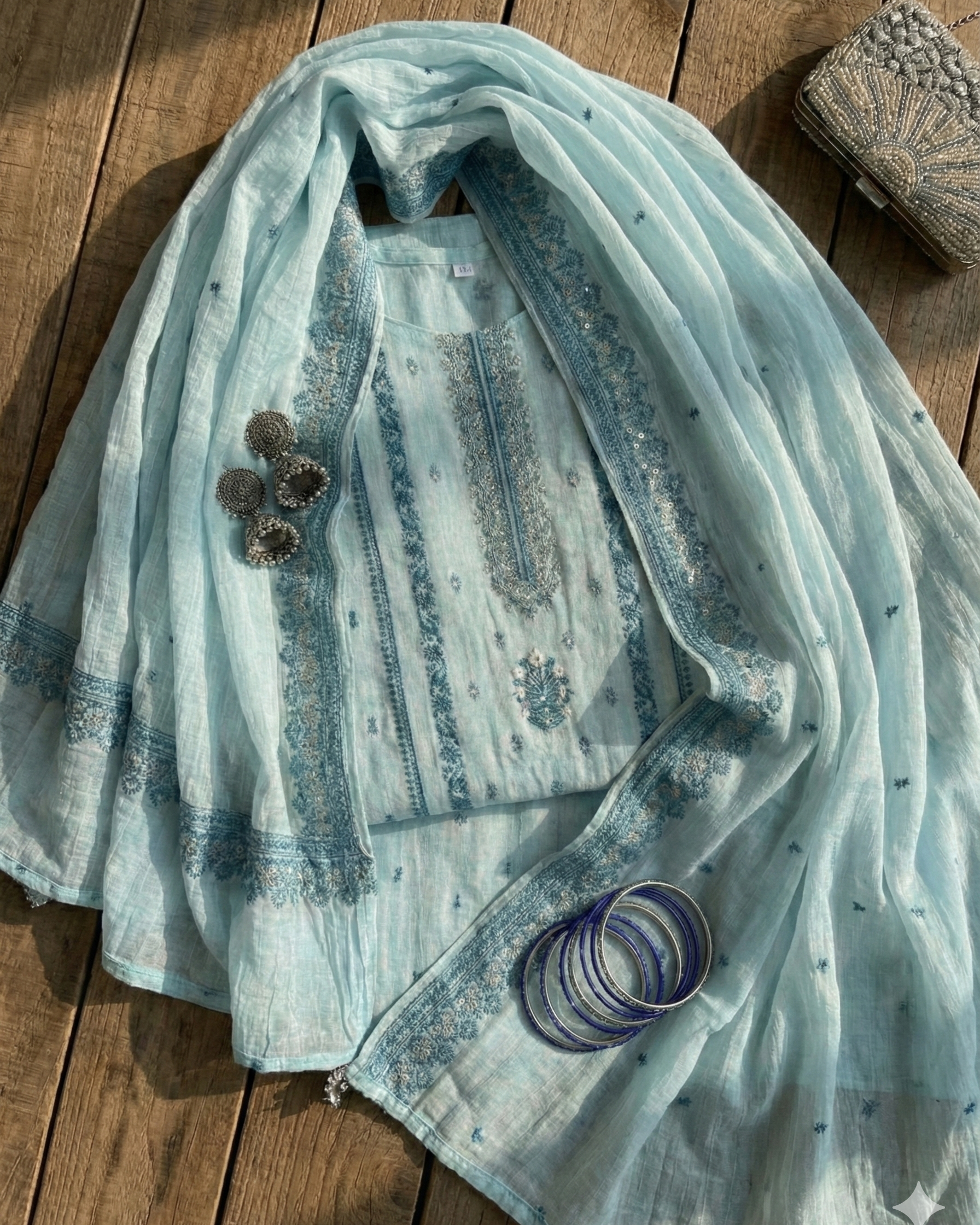 Light Blue Unstitched Cotton Jaquard Suit Set with Zari Work