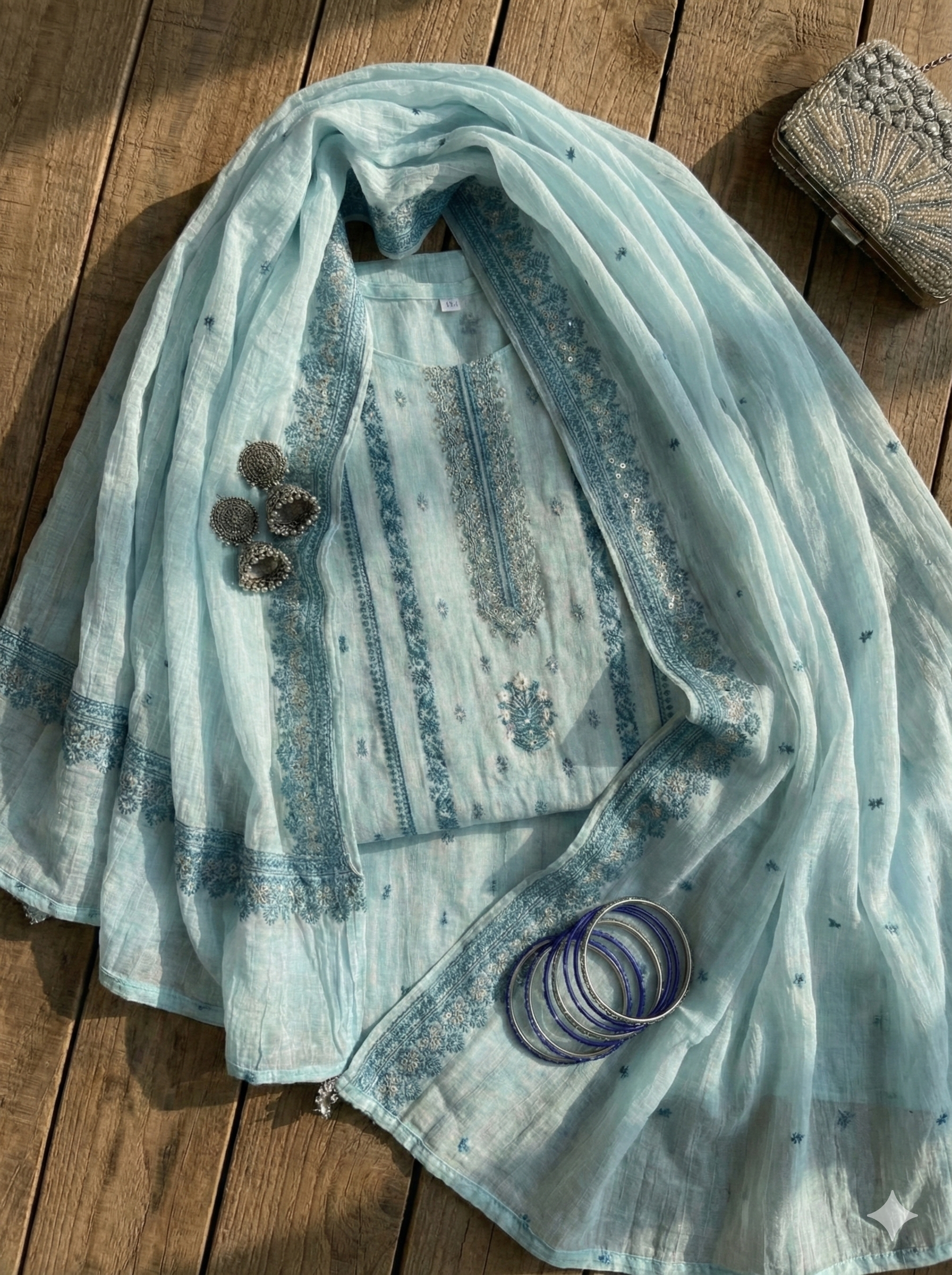 Light Blue Unstitched Cotton Jaquard Suit Set with Zari Work