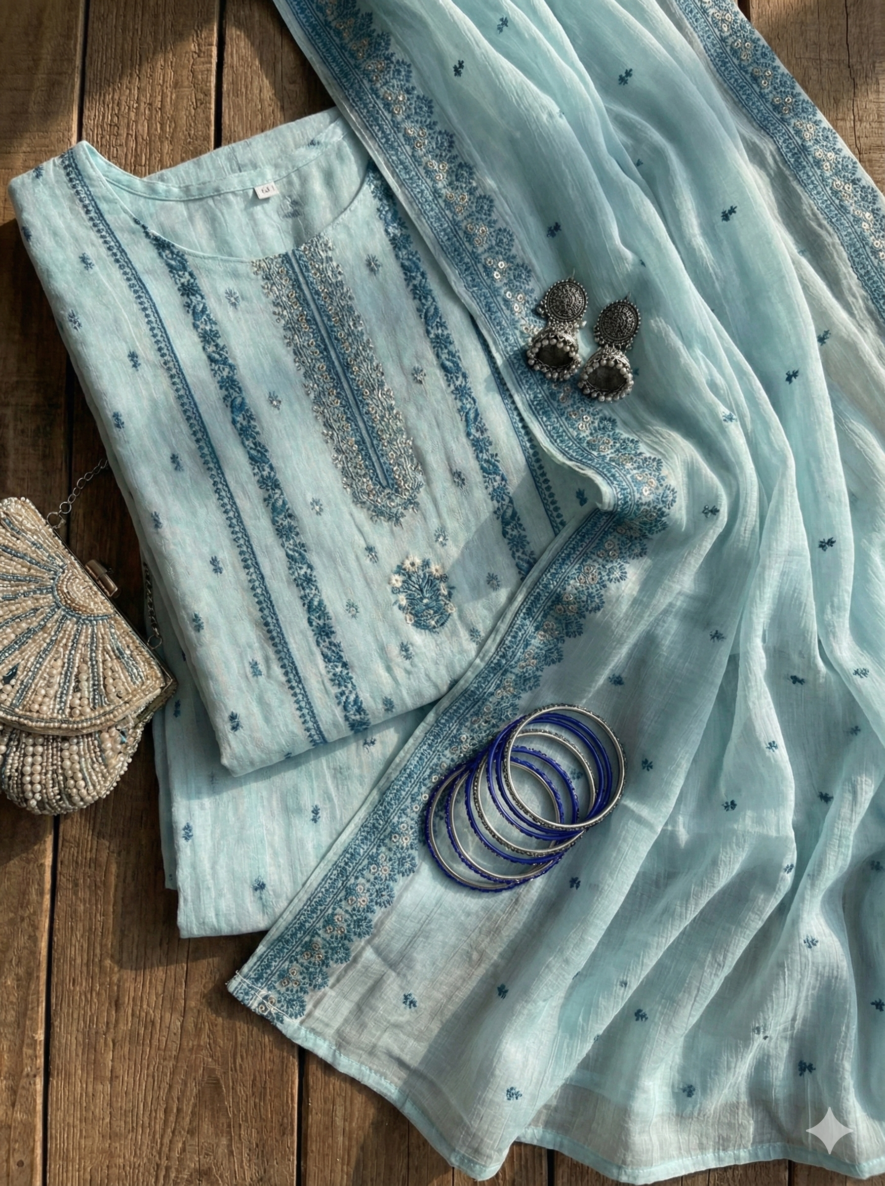 Light Blue Unstitched Cotton Jaquard Suit Set with Zari Work