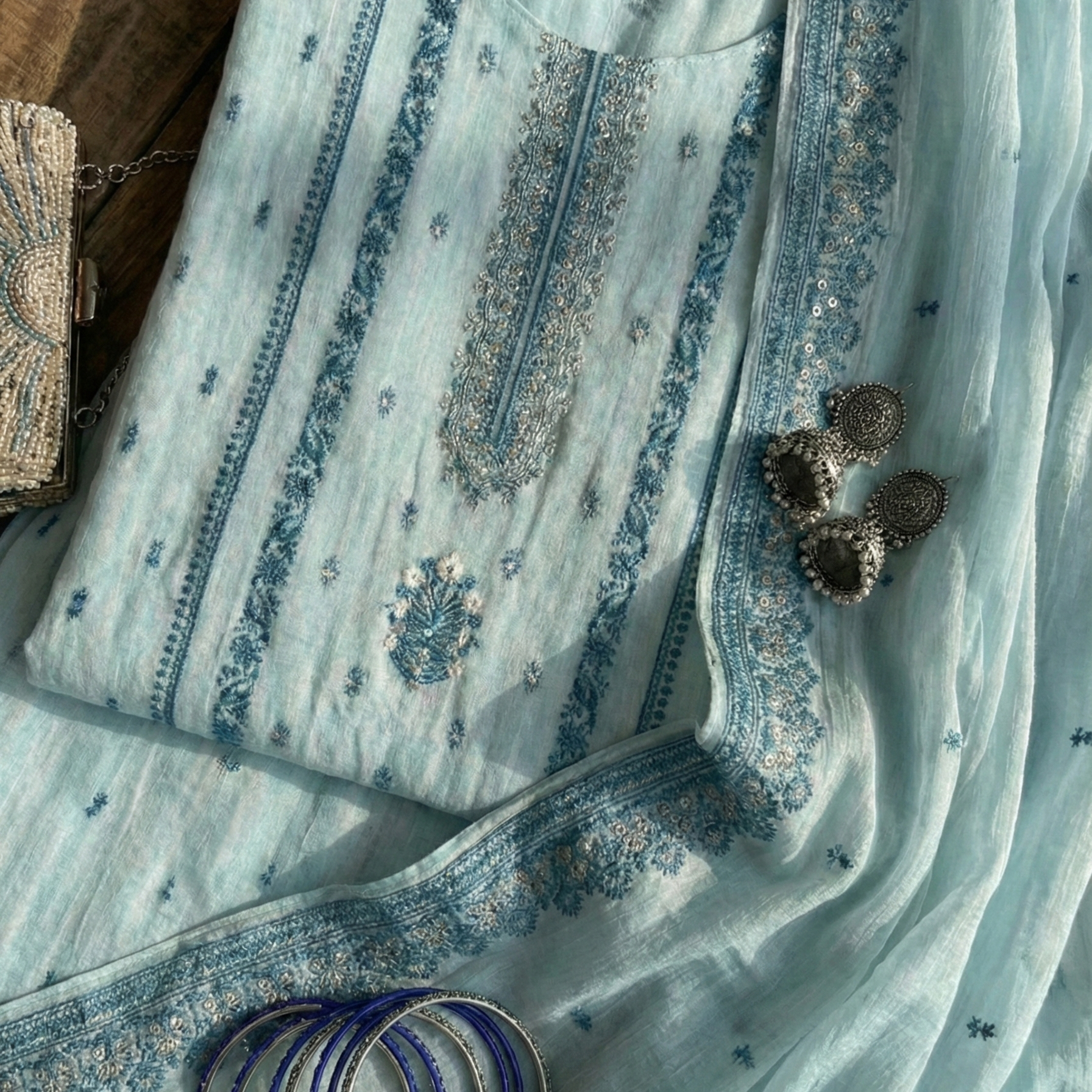 Light Blue Unstitched Cotton Jaquard Suit Set with Zari Work
