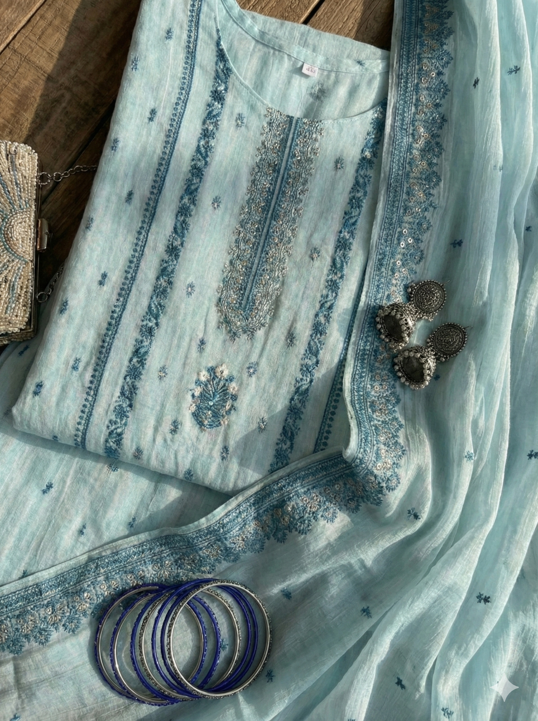 Light Blue Unstitched Cotton Jaquard Suit Set with Zari Work