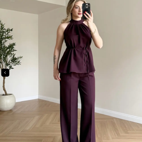 Zoya - Burgundy Halter Wine Neck Wide Leg Co-Ord Set