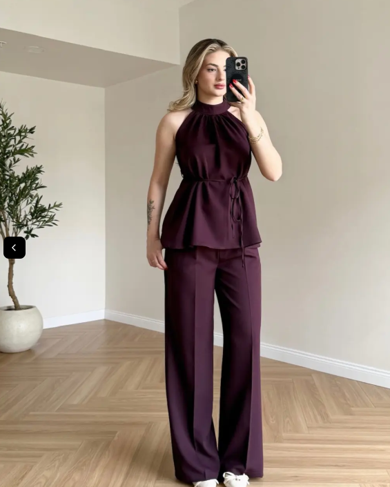 Zoya - Burgundy Halter Wine Neck Wide Leg Co-Ord Set