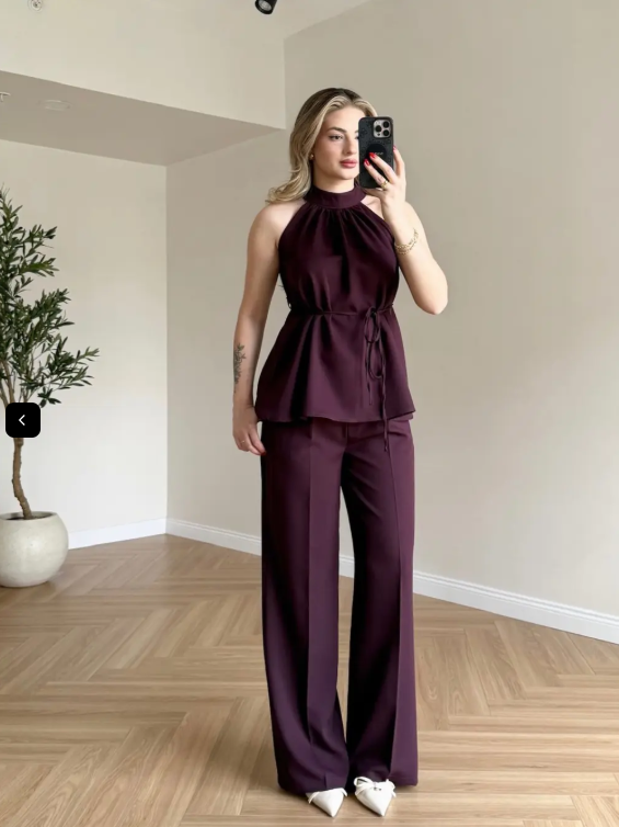 Zoya - Burgundy Halter Wine Neck Wide Leg Co-Ord Set