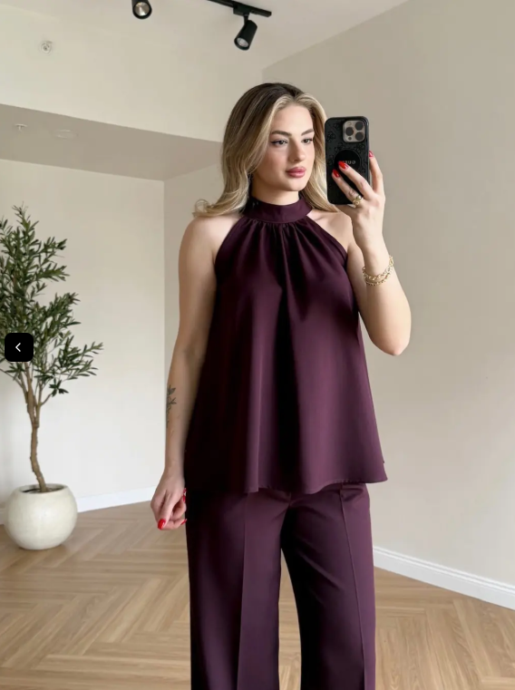 Zoya - Burgundy Halter Wine Neck Wide Leg Co-Ord Set