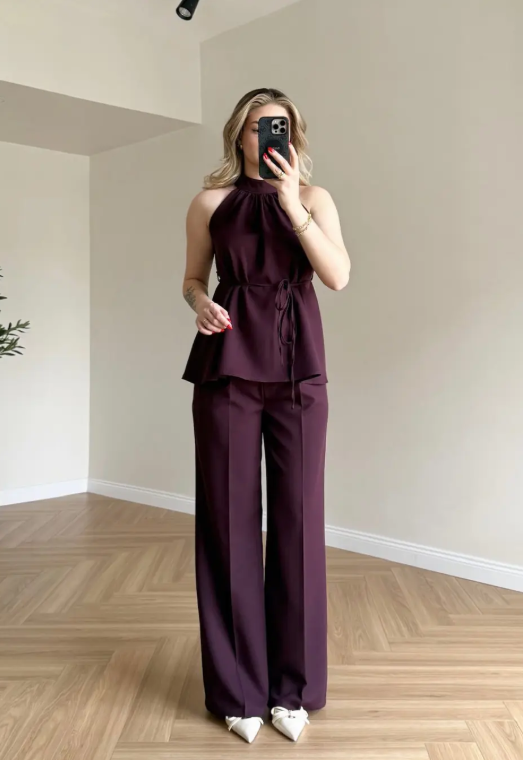 Zoya - Burgundy Halter Wine Neck Wide Leg Co-Ord Set