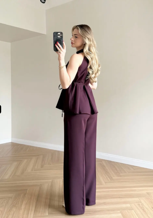Zoya - Burgundy Halter Wine Neck Wide Leg Co-Ord Set