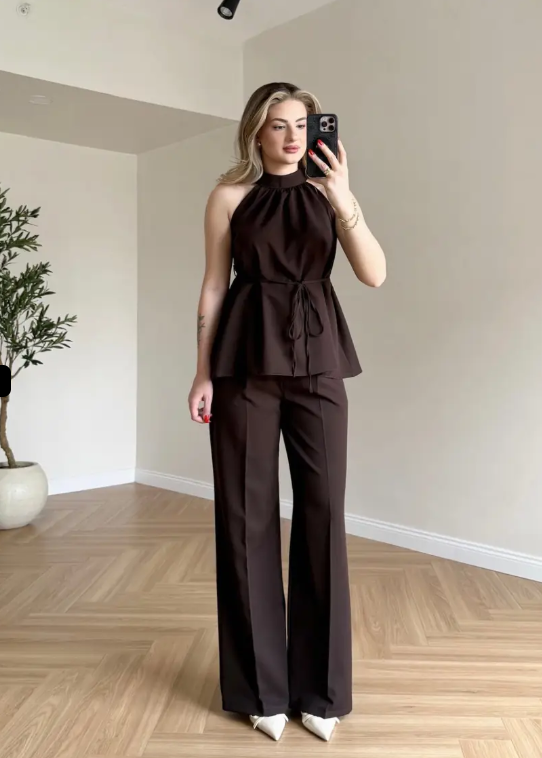 Zoya - Burgundy Halter Brown Neck Wide Leg Co-Ord Set