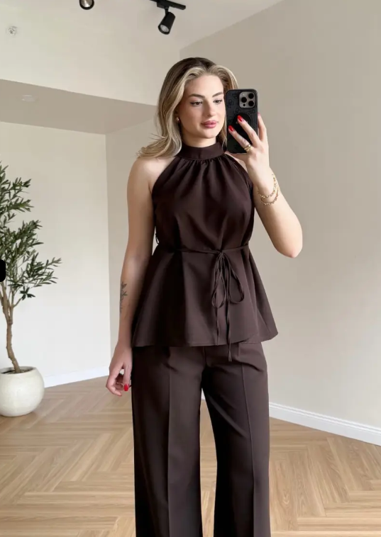 Zoya - Burgundy Halter Brown Neck Wide Leg Co-Ord Set