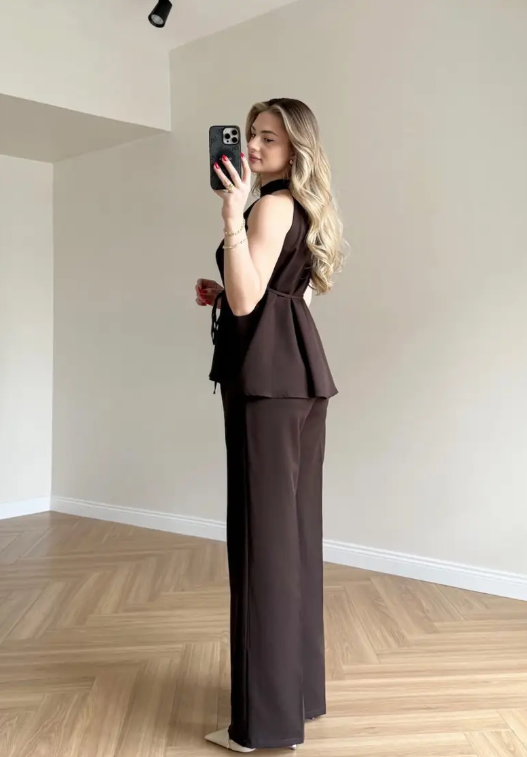 Zoya - Burgundy Halter Brown Neck Wide Leg Co-Ord Set