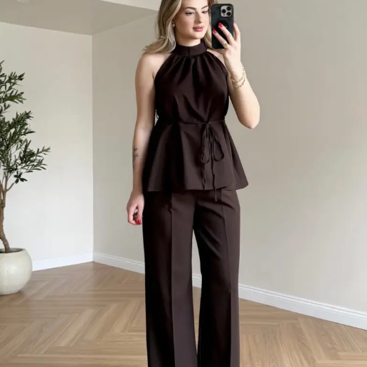 Zoya - Burgundy Halter Brown Neck Wide Leg Co-Ord Set