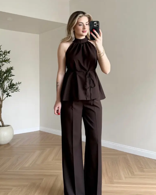 Zoya - Burgundy Halter Brown Neck Wide Leg Co-Ord Set