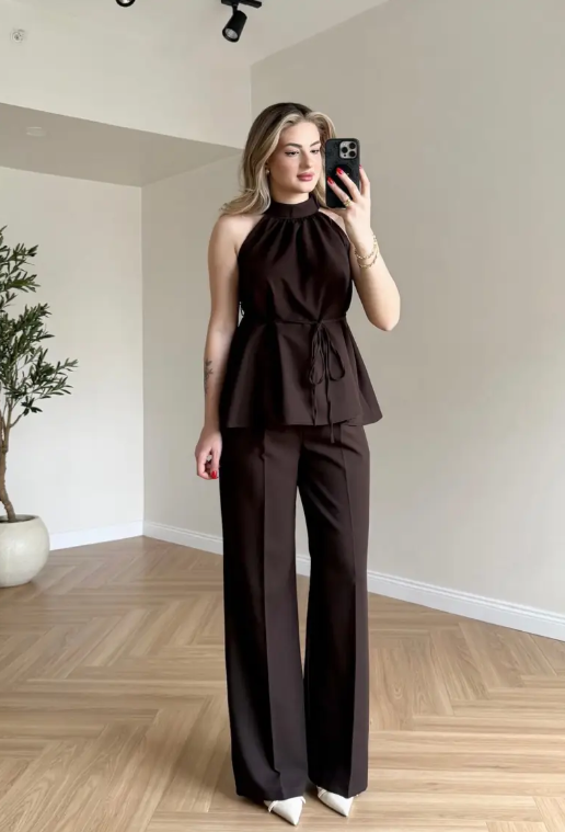 Zoya - Burgundy Halter Brown Neck Wide Leg Co-Ord Set