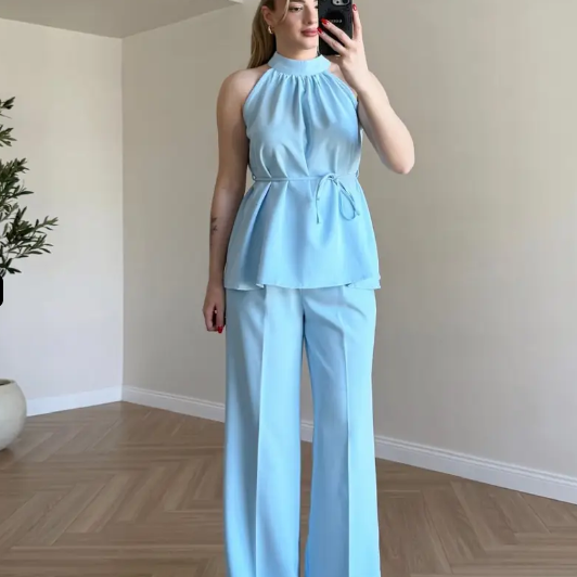Zoya - Burgundy Halter Blue Neck Wide Leg Co-Ord Set