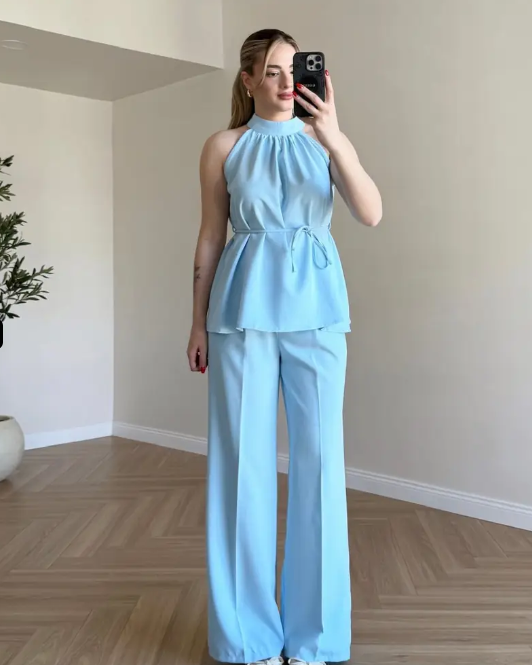 Zoya - Burgundy Halter Blue Neck Wide Leg Co-Ord Set