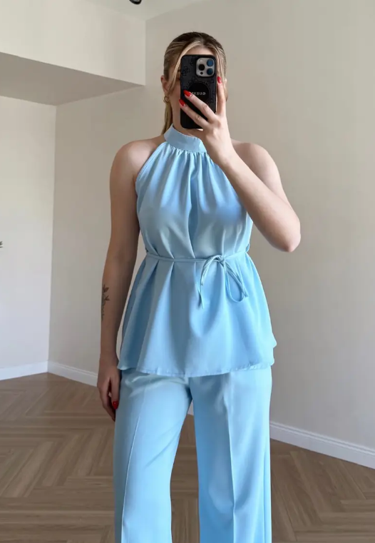 Zoya - Burgundy Halter Blue Neck Wide Leg Co-Ord Set