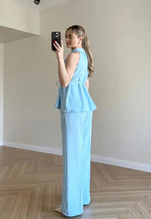 Zoya - Burgundy Halter Blue Neck Wide Leg Co-Ord Set