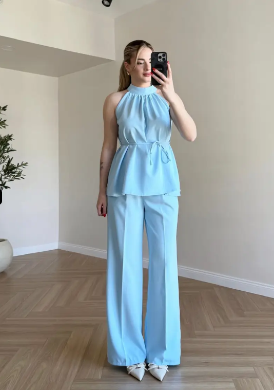 Zoya - Burgundy Halter Blue Neck Wide Leg Co-Ord Set