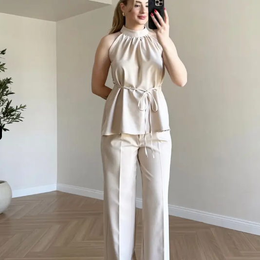 Zoya - Burgundy Halter Cream Neck Wide Leg Co-Ord Set