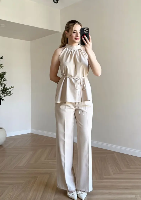 Zoya - Burgundy Halter Cream Neck Wide Leg Co-Ord Set