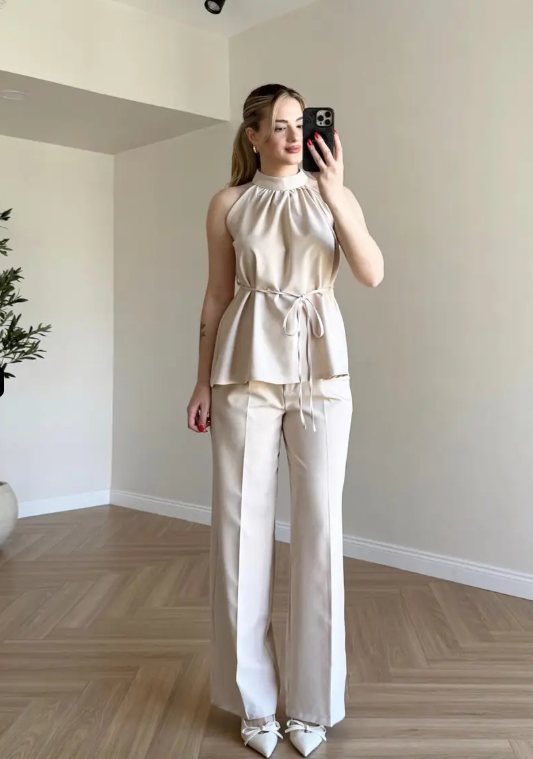 Zoya - Burgundy Halter Cream Neck Wide Leg Co-Ord Set